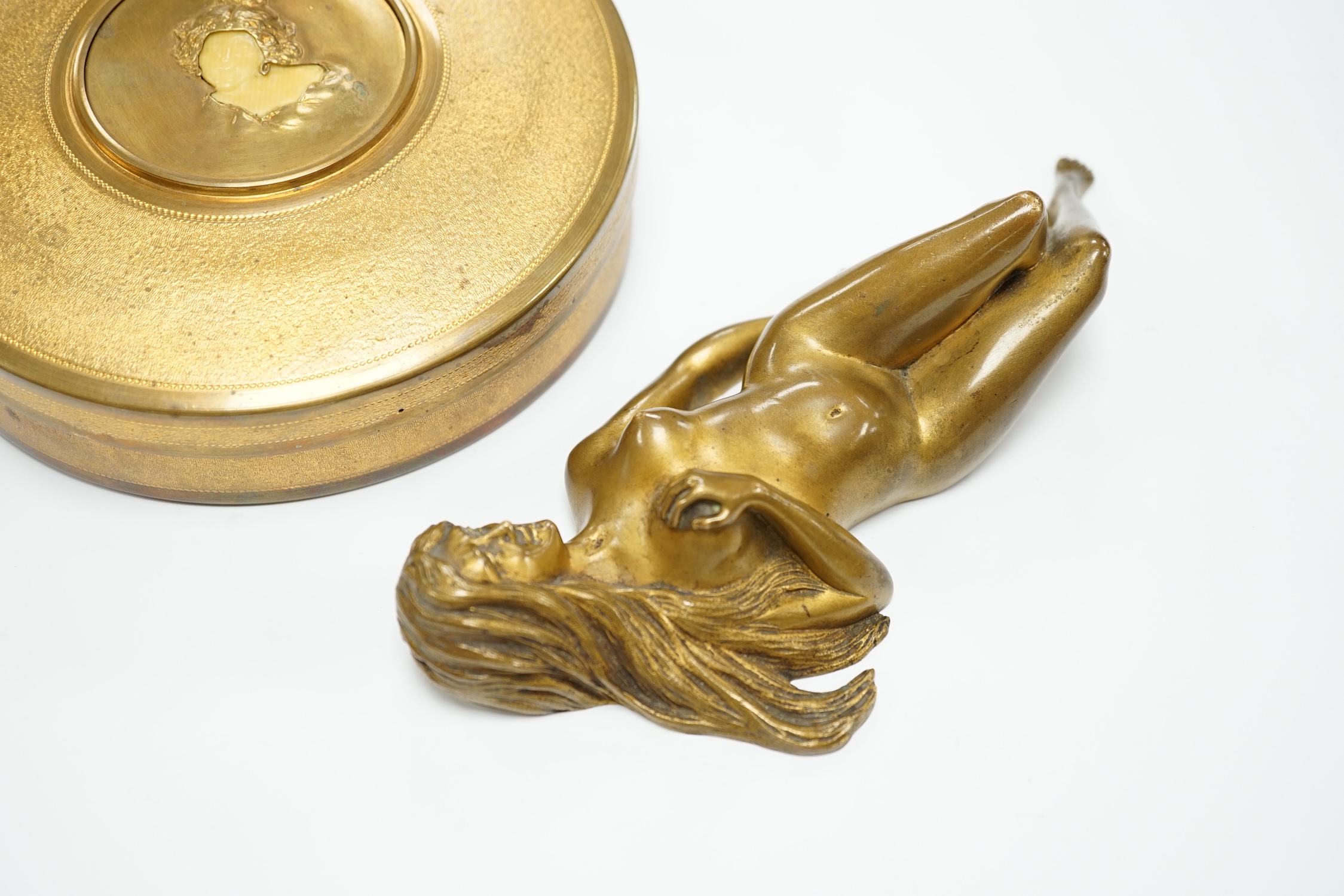 J. Boulanger, a filled bronze female nude, 19cm wide, and an ormolu circular casket, 15.5cm diameter